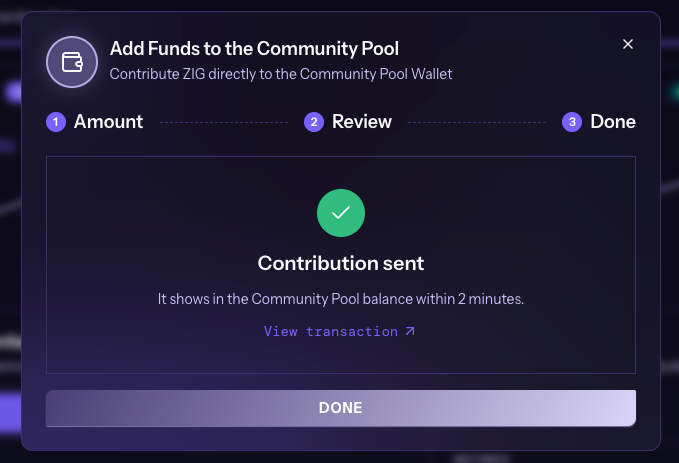 Done step of the Add Funds form with the Contribution sent message, the View transaction link and the DONE button