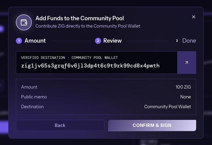 Review step of the Add Funds form with the amount, public memo and Community Pool Wallet destination, and the CONFIRM & SIGN button
