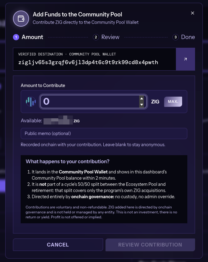 Add Funds to the Community Pool form with the verified Community Pool Wallet address, the amount field with the MAX. button, the public memo field and the REVIEW CONTRIBUTION button