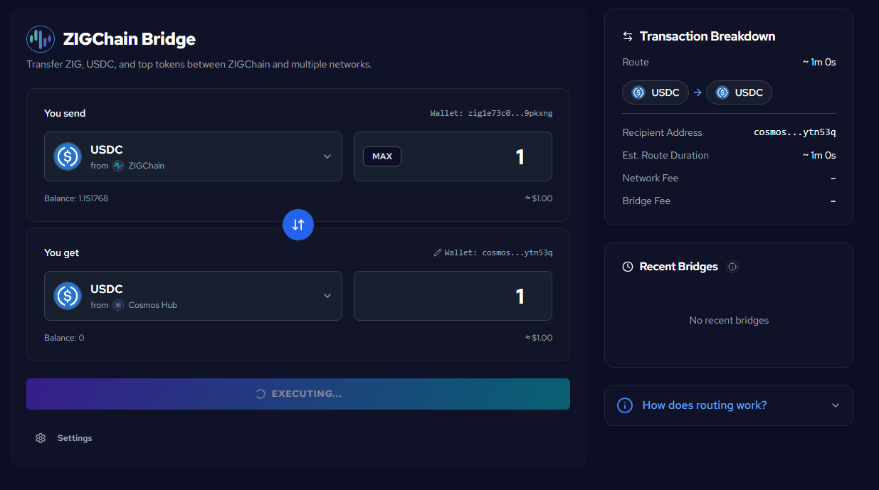 BRIDGE button changes to EXECUTING during transfer