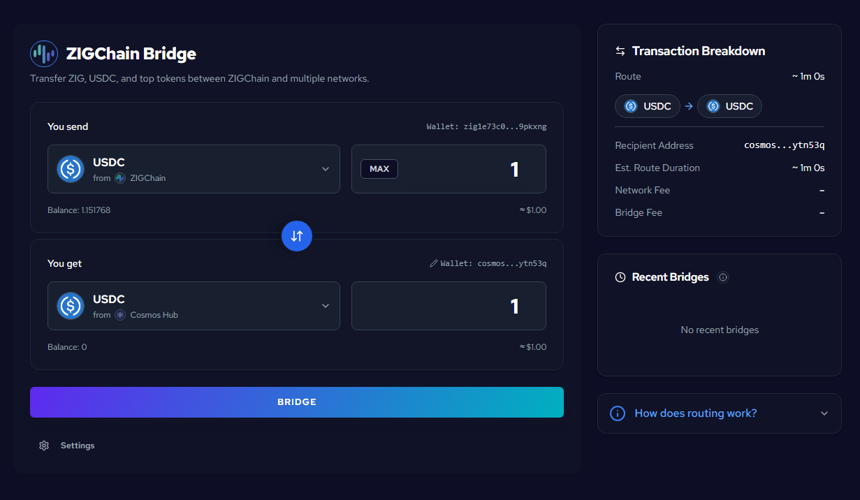 Click BRIDGE to start the transfer