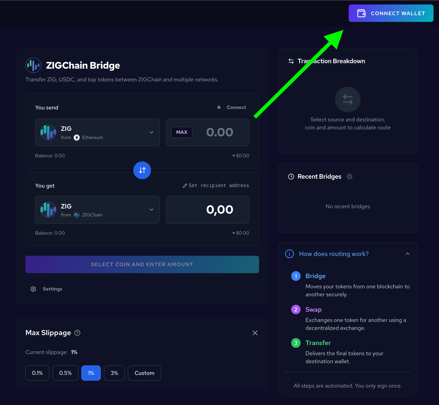 Connect your wallet to ZIGChain Bridge