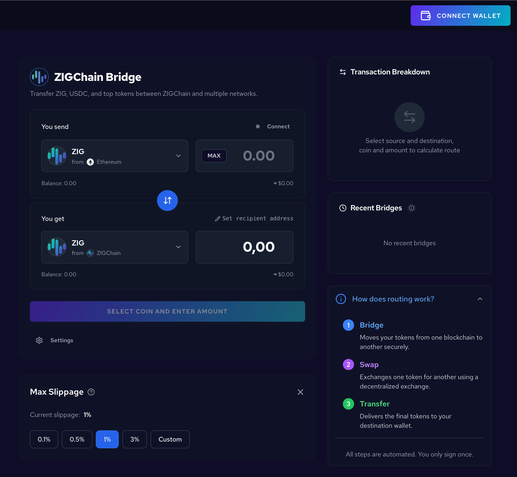 ZIGChain Bridge main interface showing You send, You get, and routing panels