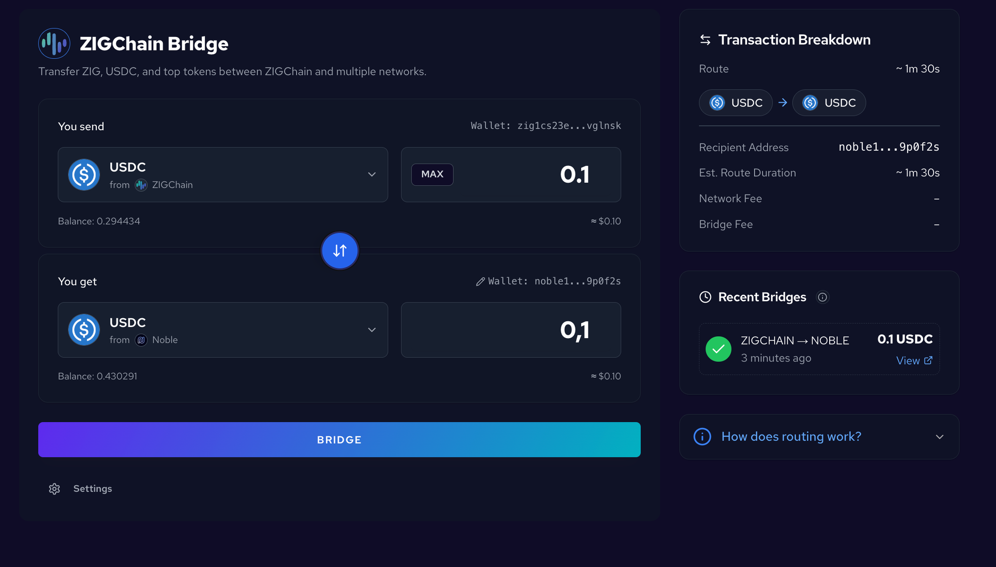 Starting a new bridge with amount entered and BRIDGE button available