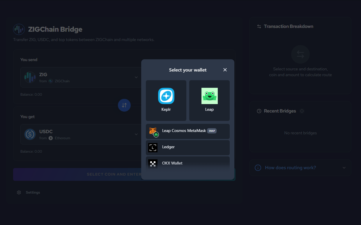 Select your wallet provider in the bridge modal