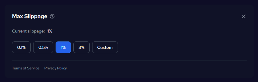 ZIGChain Bridge settings panel with Max Slippage options