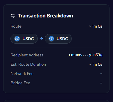Transaction breakdown showing route, recipient, duration, and fees