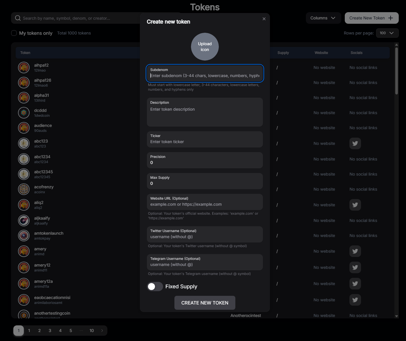Token creation form with metadata fields and image upload