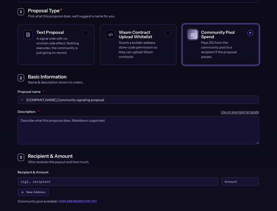 Community Pool Spend recipient and amount fields on Create New Proposal