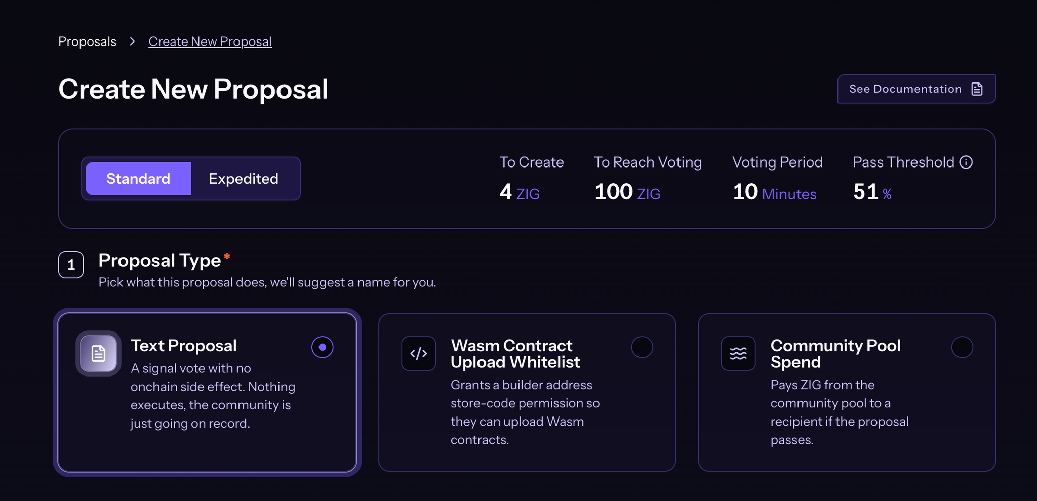 Proposal Type cards on Create New Proposal showing Text, Wasm Contract Upload Whitelist, and Community Pool Spend
