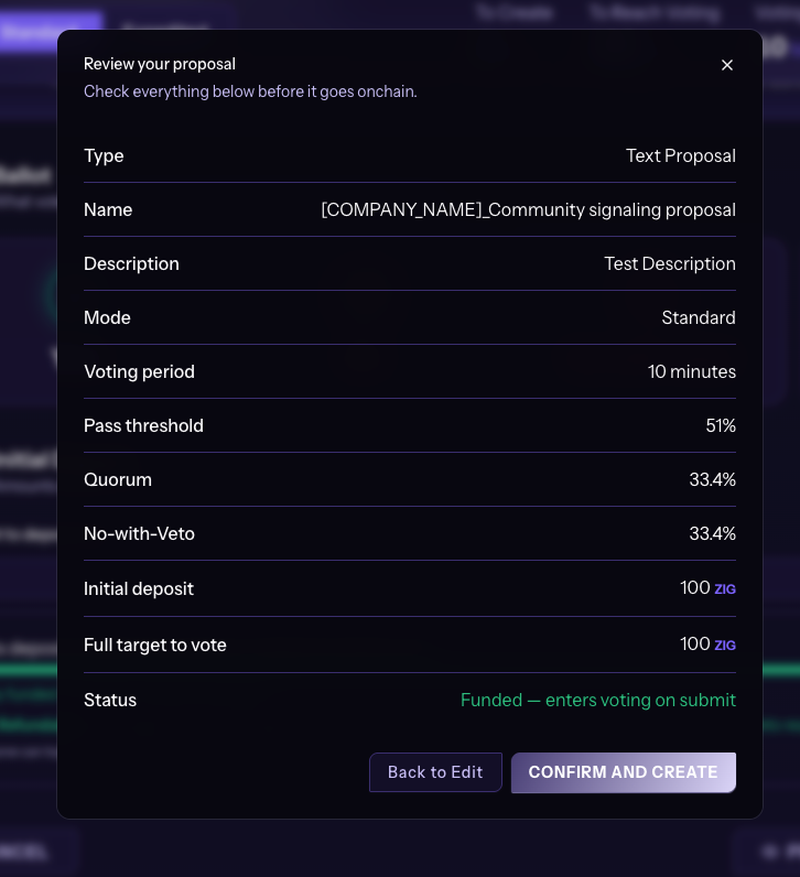 Review your proposal confirmation modal on ZIGChain Hub