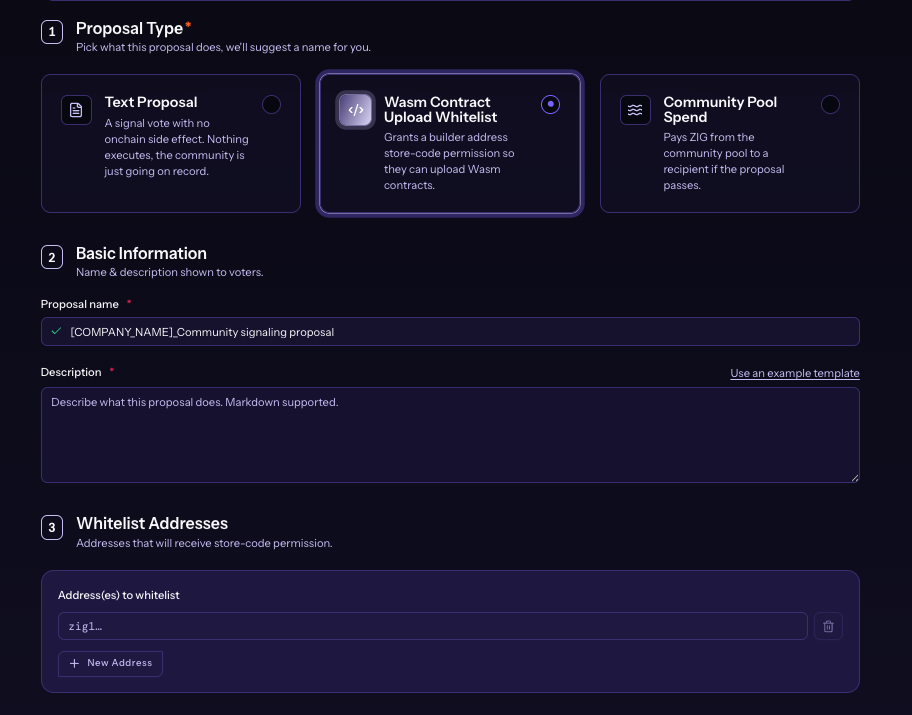 Wasm Contract Upload Whitelist address fields on Create New Proposal