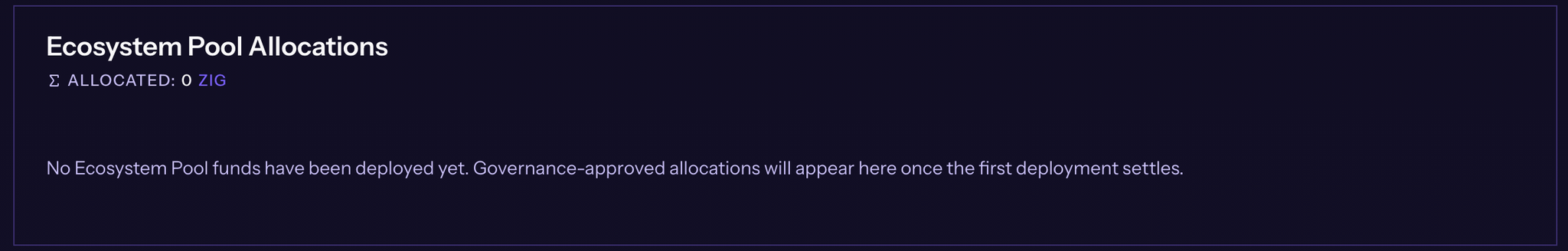 Ecosystem Pool Allocations panel with the total allocated amount and the message that no Ecosystem Pool funds have been deployed yet