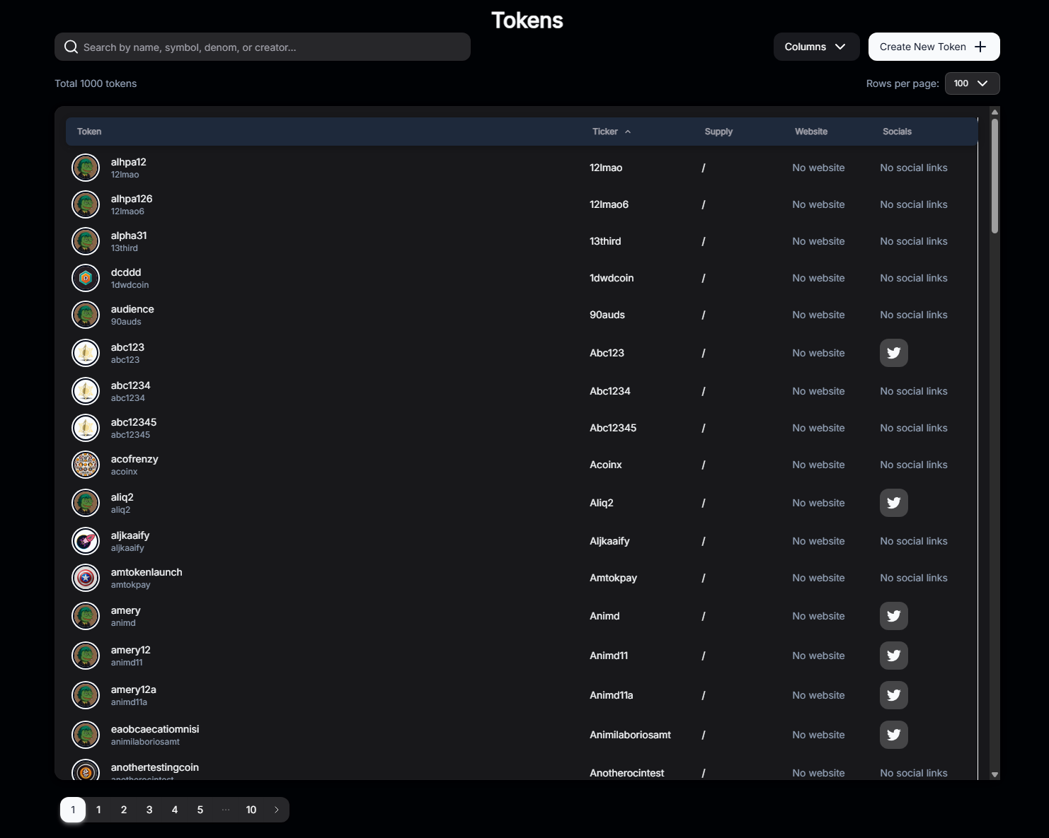 Token factory main page listing tokens on the selected ZIGChain network