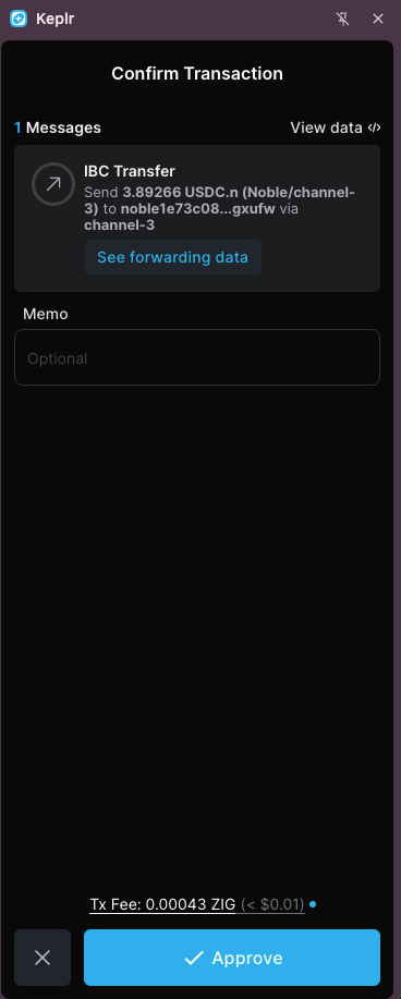 Keplr Confirm Transaction window with an IBC Transfer of USDC.n to a Noble address and the Approve button