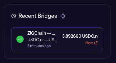 Recent Bridges entry for the USDC.n to USDC.inj migration with a green checkmark