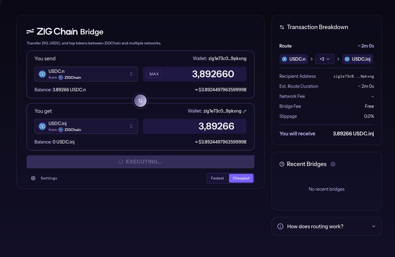 BRIDGE & SWAP button changed to EXECUTING while the migration starts