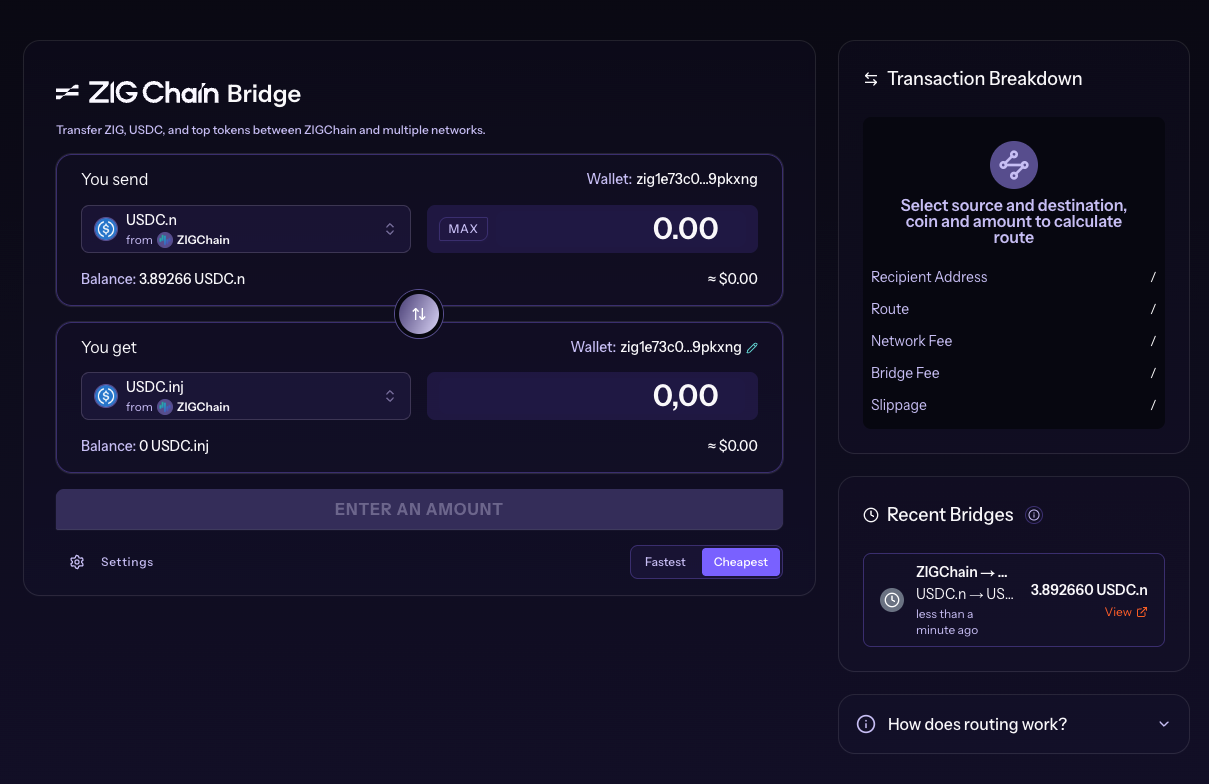 ZIGChain Bridge form reset with the USDC.n migration listed as in progress in Recent Bridges