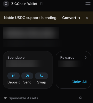 Keplr wallet home with the Noble USDC support is ending banner and the Swap button, balances blurred