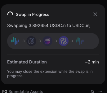 Keplr Swap in Progress panel swapping USDC.n to USDC.inj with the route and estimated duration