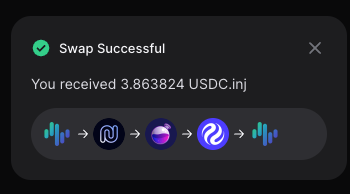 Keplr Swap Successful panel showing the USDC.inj received