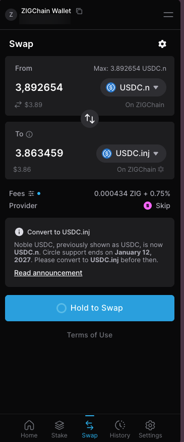 Keplr Swap with USDC.n on ZIGChain in From, USDC.inj on ZIGChain in To, the fees, Skip as provider and the Hold to Swap button