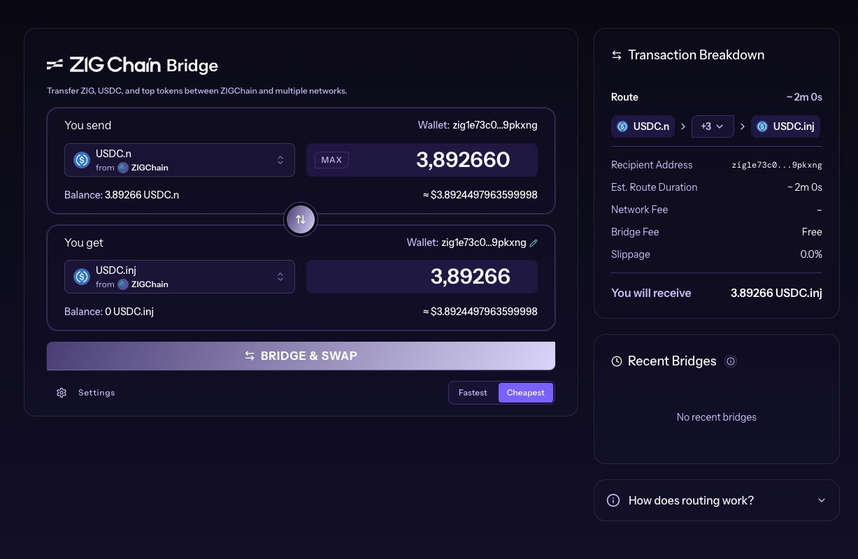 ZIGChain Bridge with USDC.n from ZIGChain in You send, USDC.inj on ZIGChain in You get, and the Transaction Breakdown