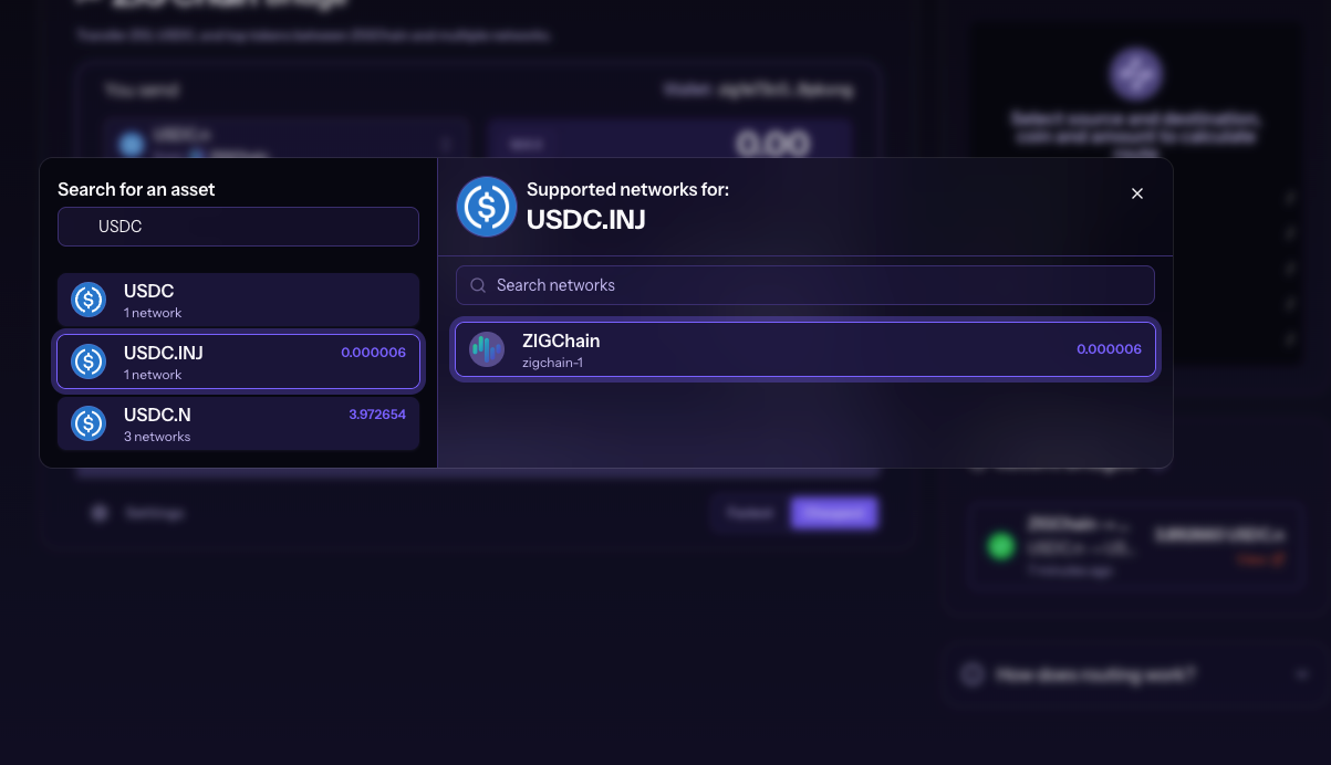 Asset search with USDC.INJ selected and ZIGChain as its only supported network