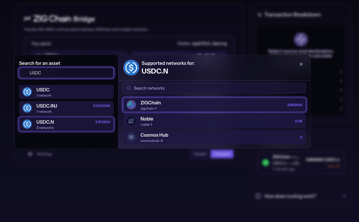 Asset search with USDC.N selected and ZIGChain chosen in its list of supported networks