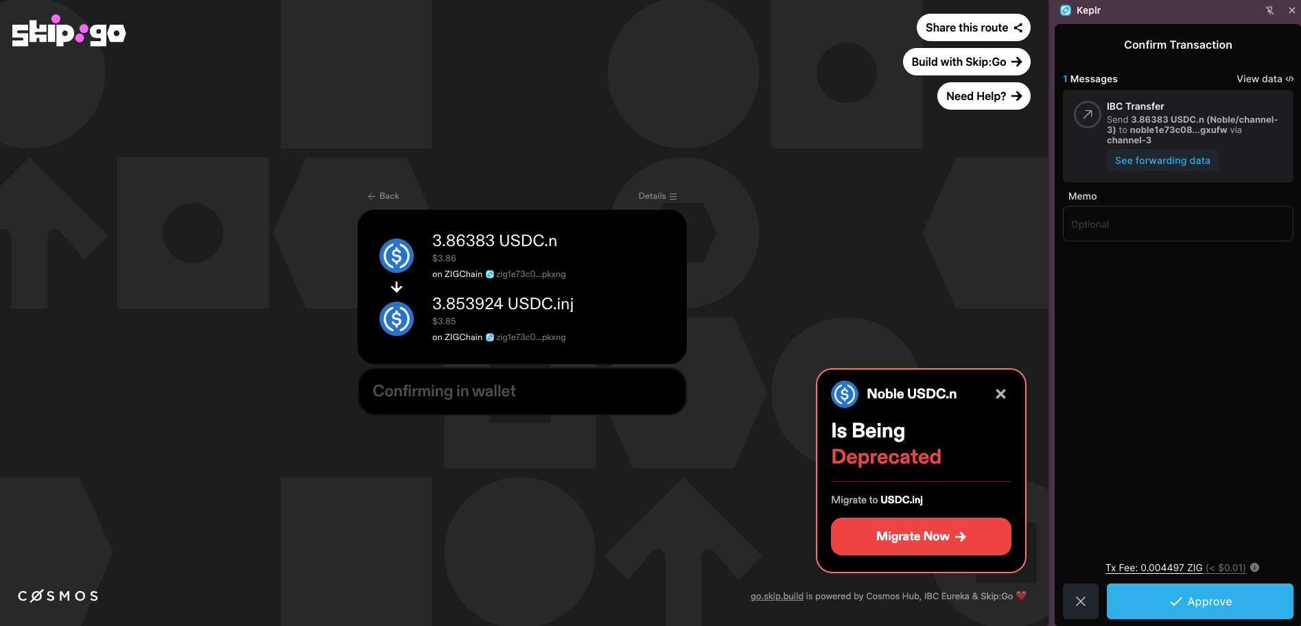 Skip:Go Confirming in wallet status next to the Keplr Confirm Transaction window with the Approve button