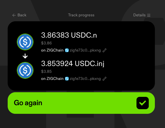 Skip:Go Track progress screen with the completed migration and the Go again button