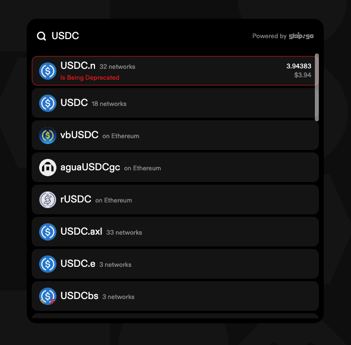 Skip:Go token search for USDC with USDC.n marked Is Being Deprecated
