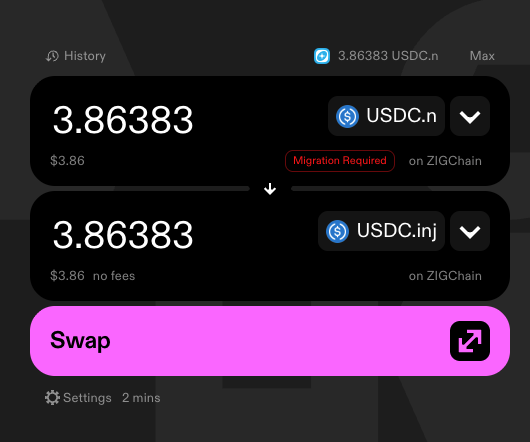 Skip:Go swap form with USDC.n on ZIGChain to USDC.inj on ZIGChain and the Swap button