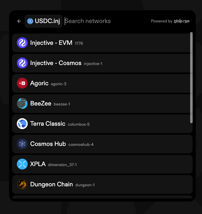 Skip:Go network list for USDC.inj with the Search networks field