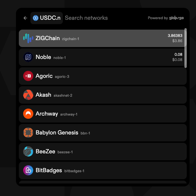 Skip:Go network list for USDC.n with ZIGChain selected at the top