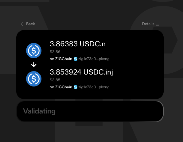 Skip:Go review screen showing USDC.n to USDC.inj on ZIGChain with the Validating status