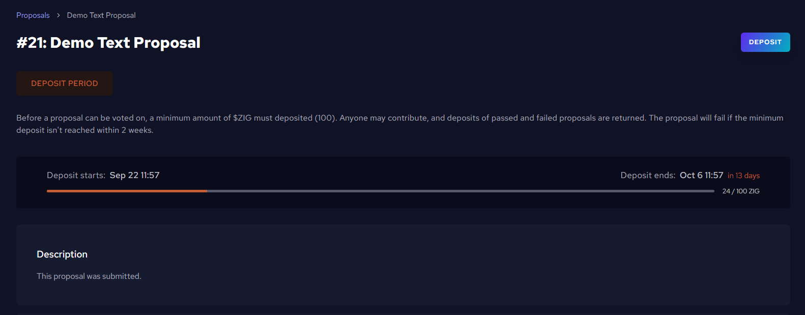Deposit detail view on ZIGChain Hub