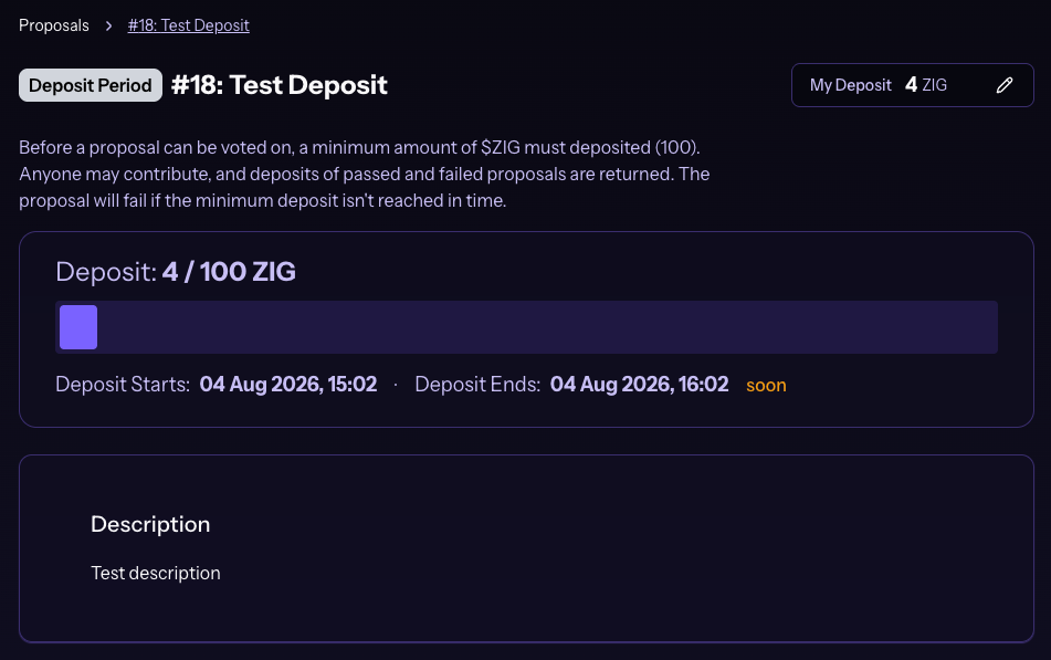 Deposit detail view on ZIGChain Hub
