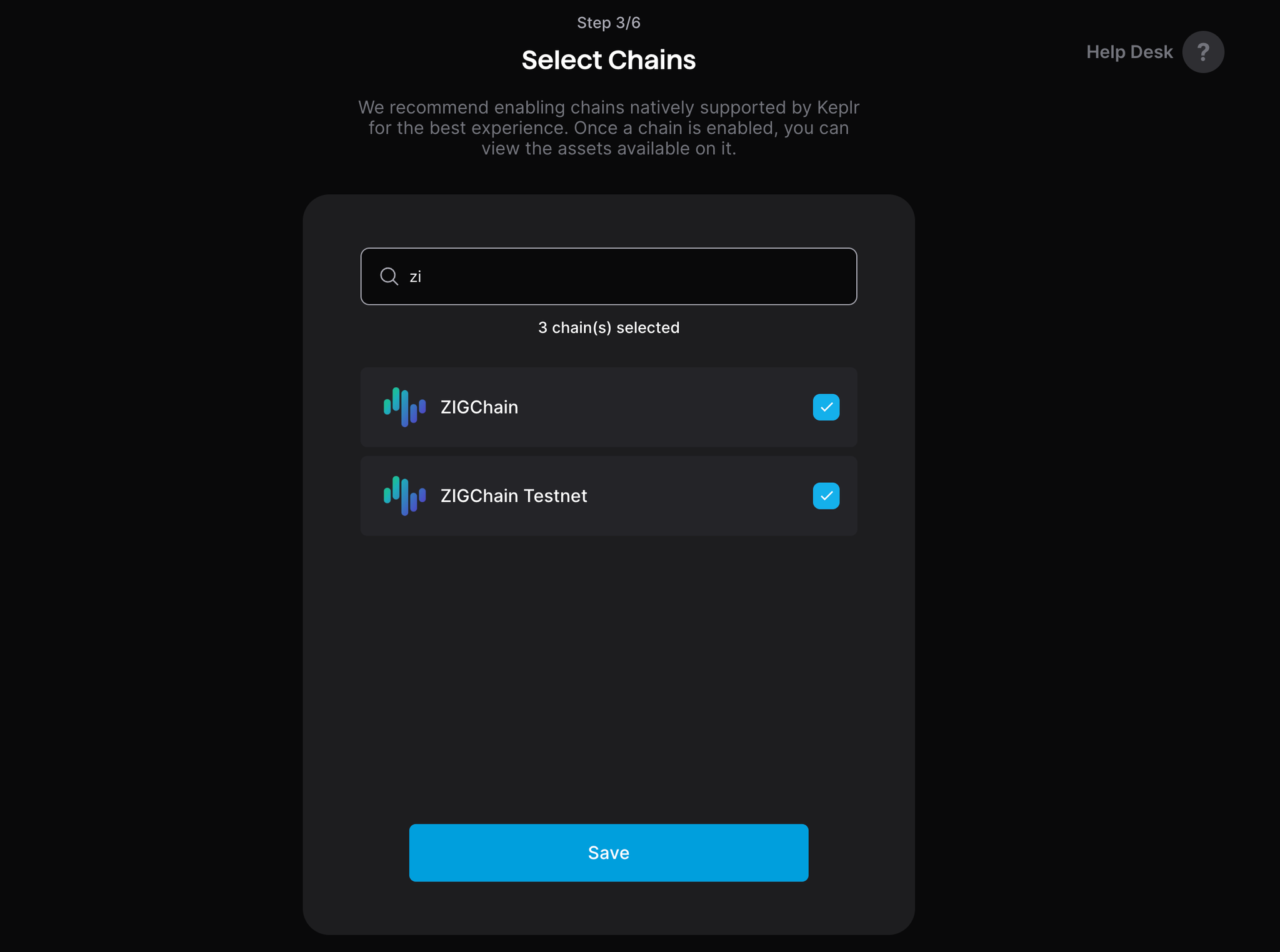 Select ZIGChain chains for Ledger in Keplr