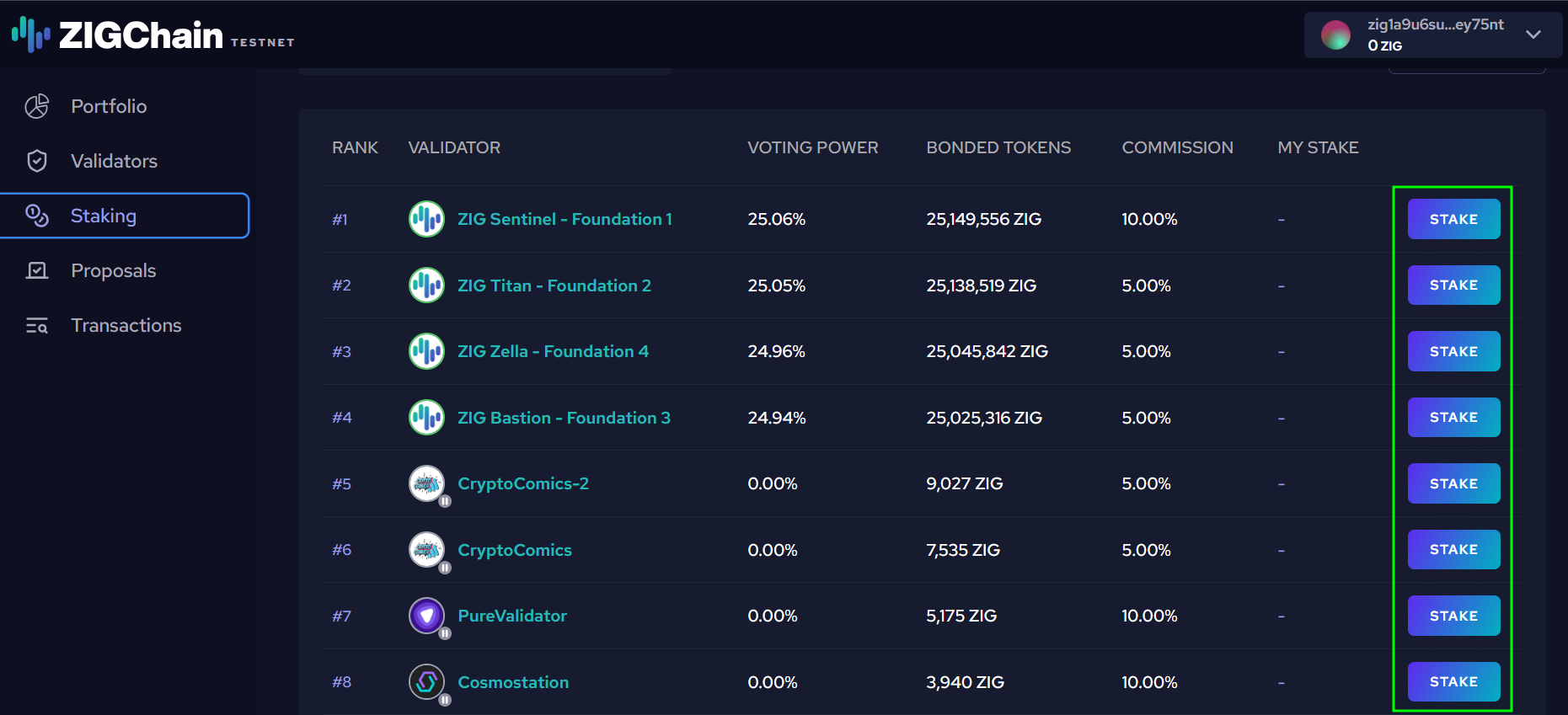 Validator list with Stake button on ZIGChain Hub