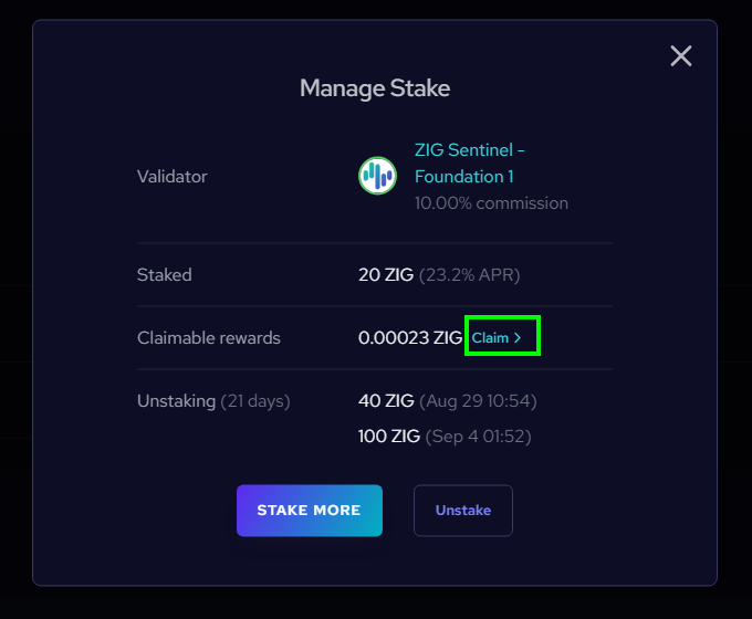 Claim button under Claimable Rewards in Manage Stake