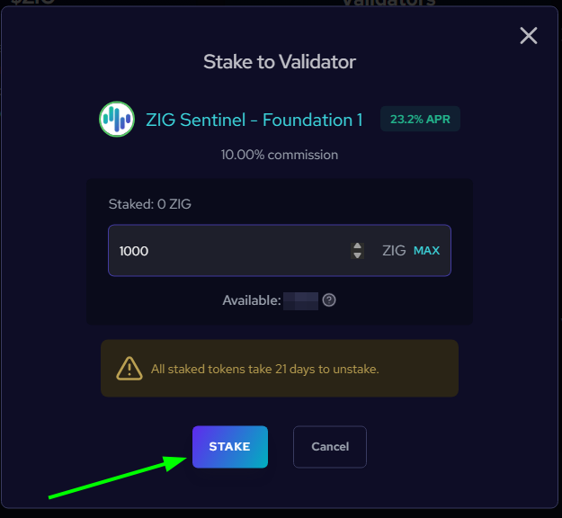 Stake to Validator form with amount and commission details