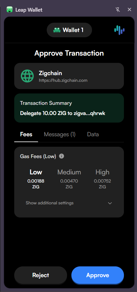Wallet approval prompt for a ZIGChain staking transaction