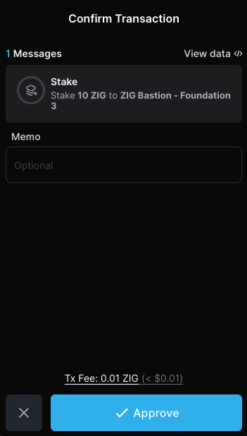 Wallet approval prompt for a ZIGChain staking transaction