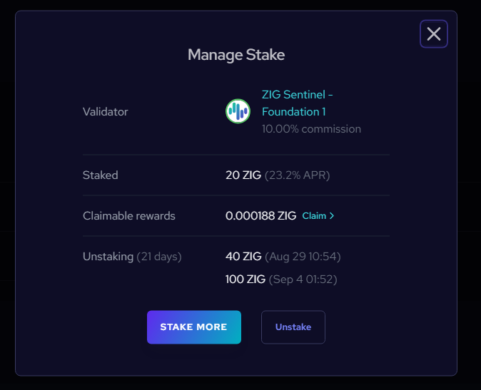 Unstake option in the Manage Stake panel