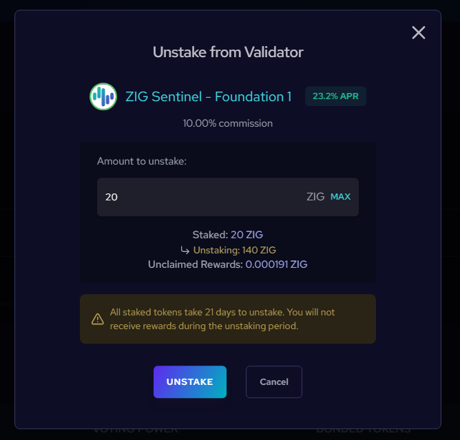 Unstake amount entry and confirmation