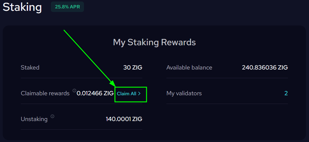 Claim All button under Claimable Rewards on the Staking page