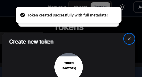 Newly created token shown in the factory token list