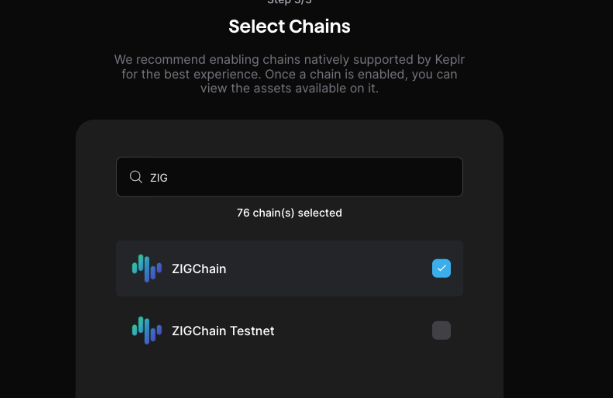 Select ZIGChain chain during Keplr wallet setup