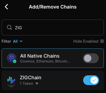 ZIGChain toggle enabled in Keplr chain list
